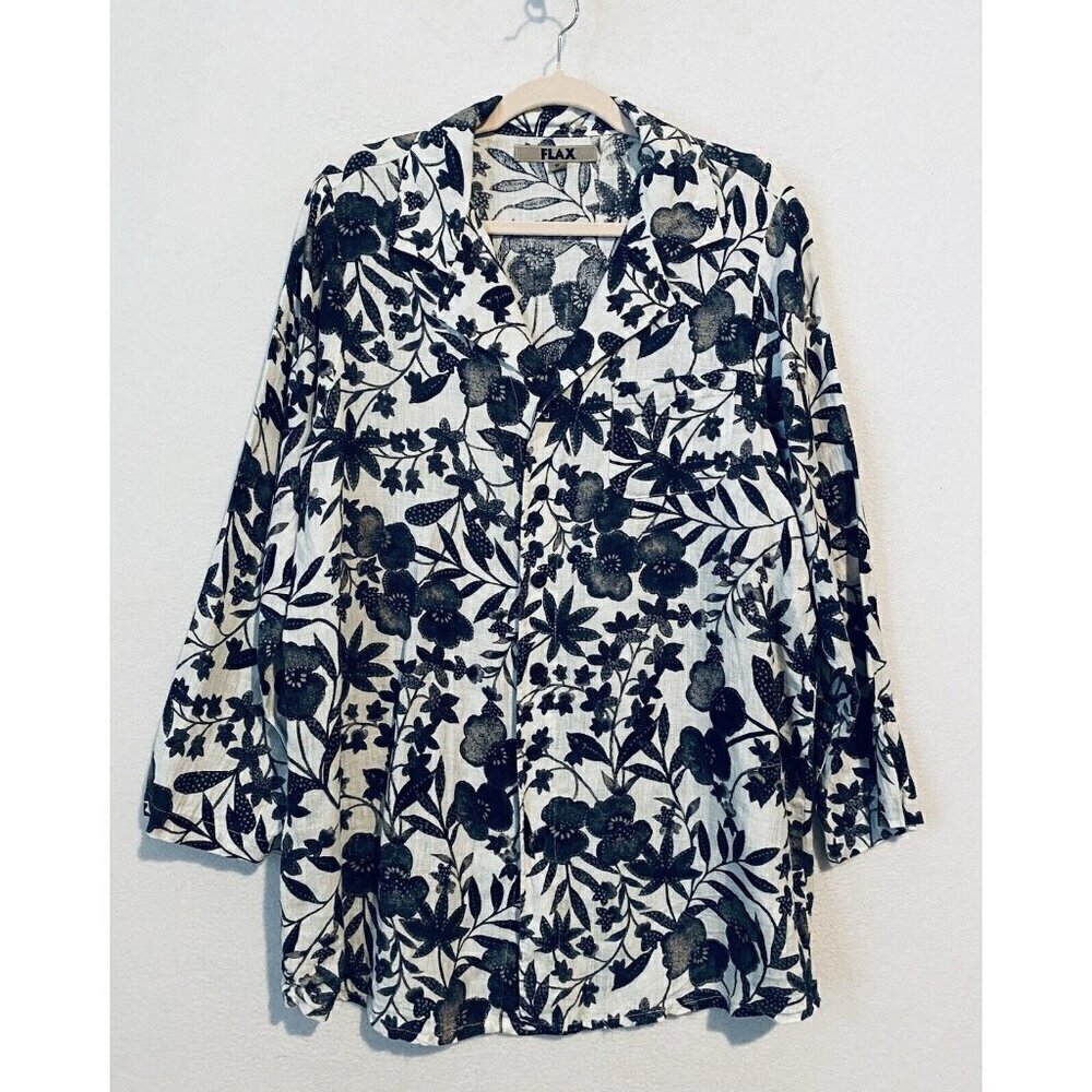 Flax Top Womens Small Navy Blue White Floral Linen Button Up Long Sleeve Flirty